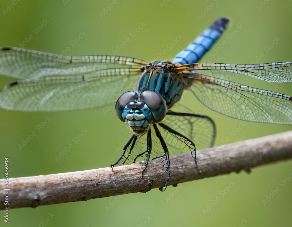 Resting blue dragonfly close up on a blurred background. Ai generated image Resting blue dragonfly close up on a blurred background. Ai generated image