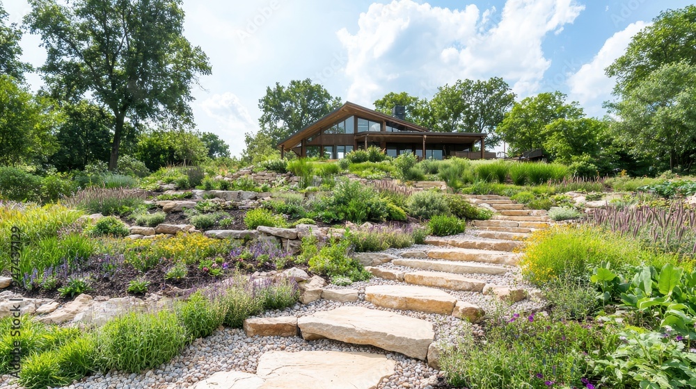 Stone Steps Leading to a Modern House in a Lush Garden Stone Steps Leading to a Modern House in a Lush Garden