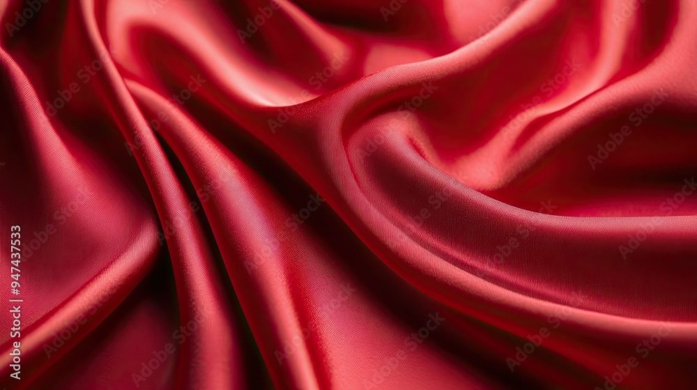 Fototapeta premium A flat lay of vibrant red satin fabric, with soft folds and a lustrous sheen creating a luxurious effect.