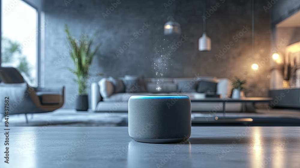 A floating smart speaker in a minimalist, futuristic living room, controlling lights and other devices by voice. A floating smart speaker in a minimalist, futuristic living room, controlling lights and other devices by voice.