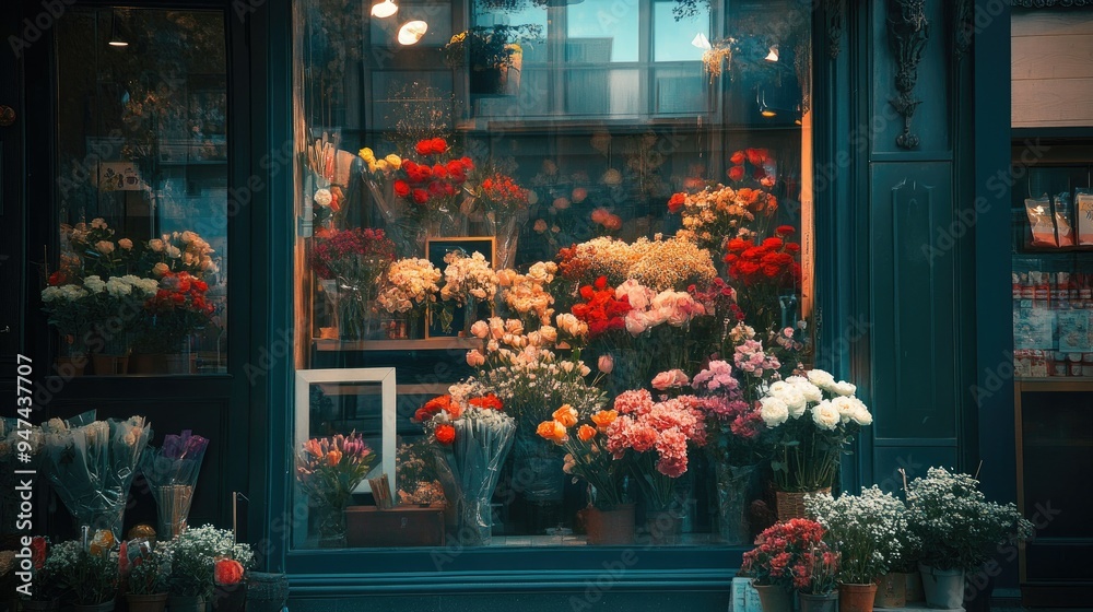 A florist shop window filled with beautiful flowers, inviting passersby. A florist shop window filled with beautiful flowers, inviting passersby.