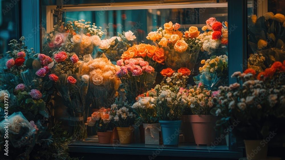 A florist shop window filled with beautiful flowers, inviting passersby. A florist shop window filled with beautiful flowers, inviting passersby.
