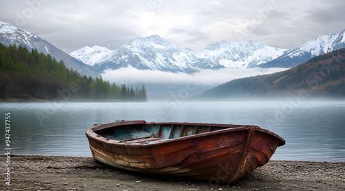 An Old Rusty Boat Sits on the Shore of Lake Chebarkul, Evoking Nostalgia and Decay, Perfect for Themes of Abandonment, Time’s Passage, and the Serenity of Nature Meeting Human History in High-Resoluti photo