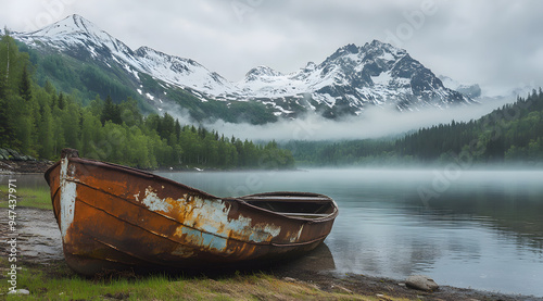 An Old Rusty Boat Sits on the Shore of Lake Chebarkul, Evoking Nostalgia and Decay, Perfect for Themes of Abandonment, Time’s Passage, and the Serenity of Nature Meeting Human History in High-Resoluti photo