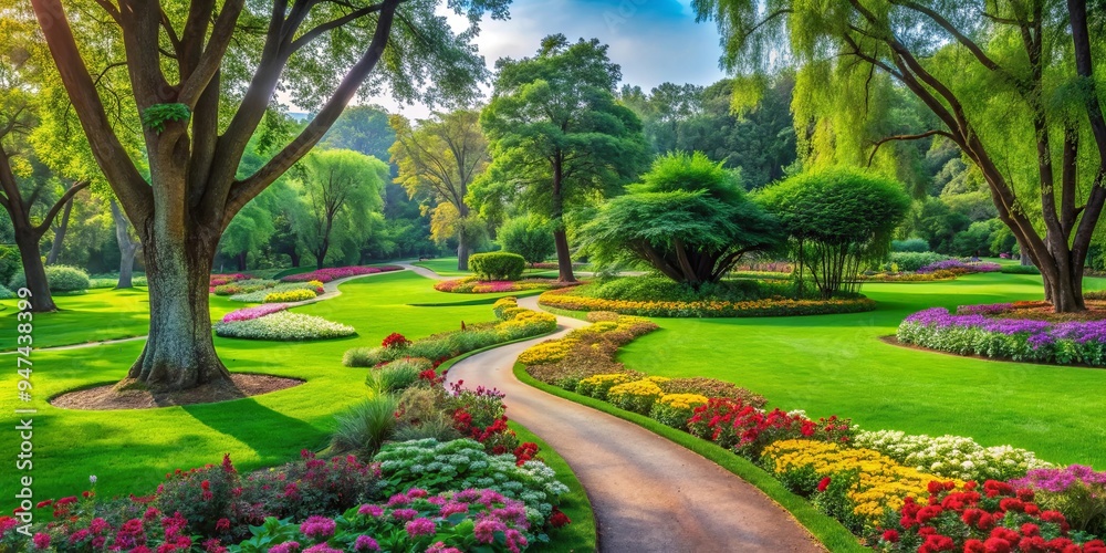 Obraz premium Green park with lush grass, colorful flowers, tall trees, and a winding pathway , nature, outdoor, environment