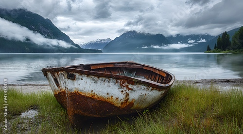 An Old Rusty Boat Sits on the Shore of Lake Chebarkul, Evoking Nostalgia and Decay, Perfect for Themes of Abandonment, Time’s Passage, and the Serenity of Nature Meeting Human History in High-Resoluti photo