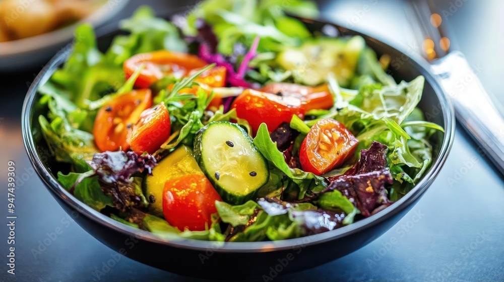 Fresh salad with cherry tomatoes, cucumber, and mixed greens in a black bowl on a table. Fresh salad with cherry tomatoes, cucumber, and mixed greens in a black bowl on a table.