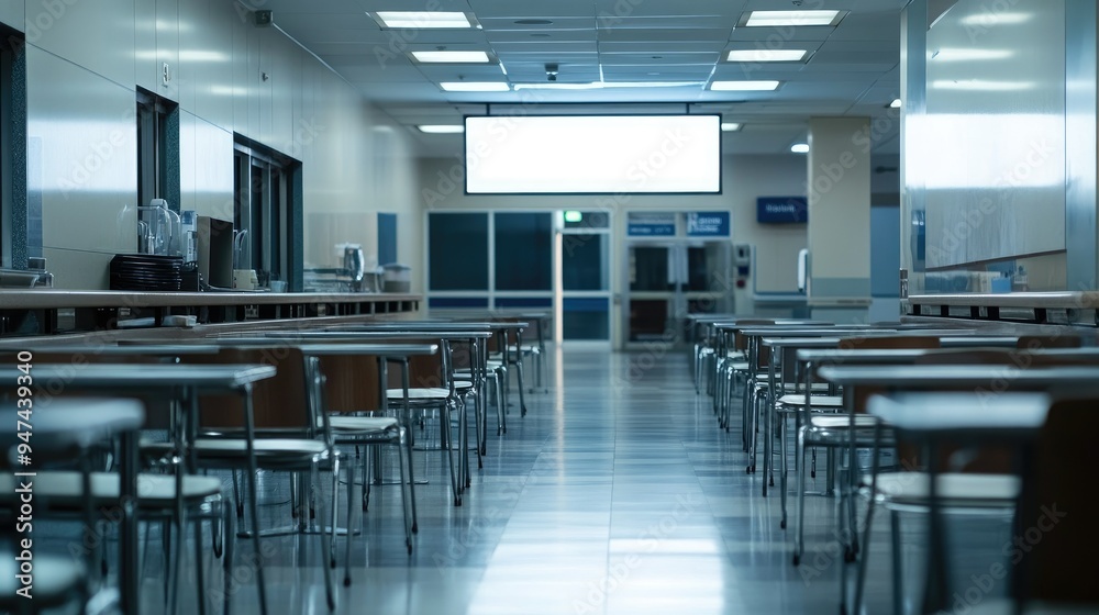 A hospital cafeteria with a blank billboard on the wall, providing ample space for promotions or notices. A hospital cafeteria with a blank billboard on the wall, providing ample space for promotions or notices.