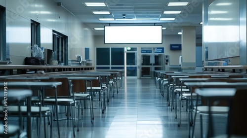 A hospital cafeteria with a blank billboard on the wall, providing ample space for promotions or notices.