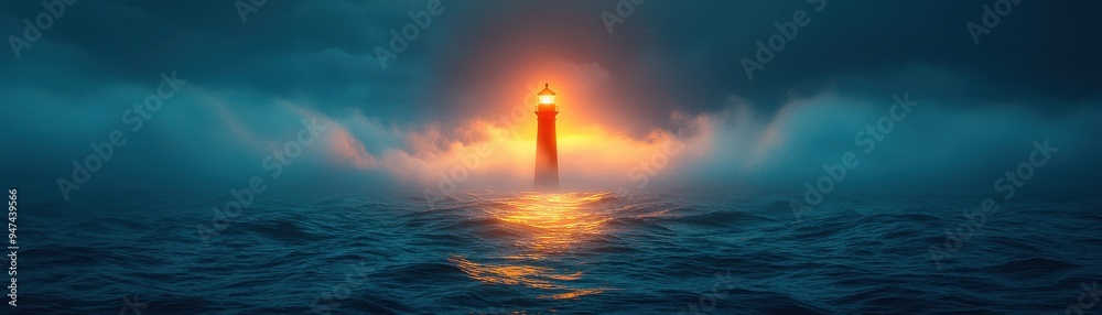 A stunning lighthouse emerges from misty waters at sunset, casting a warm glow across the serene ocean landscape. A stunning lighthouse emerges from misty waters at sunset, casting a warm glow across the serene ocean landscape.