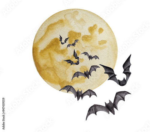 Watercolor Halloween design with  bats and moon. Bats flying on the full moon night illustration.