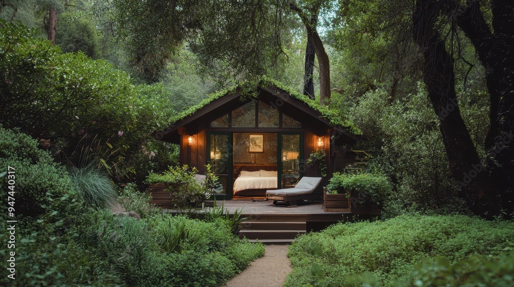 Secluded Cabin in the Woods with Lush Greenery and Walkway Secluded Cabin in the Woods with Lush Greenery and Walkway