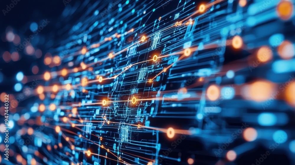 Abstract Digital Network Connection Background with Blue and Orange Lights
