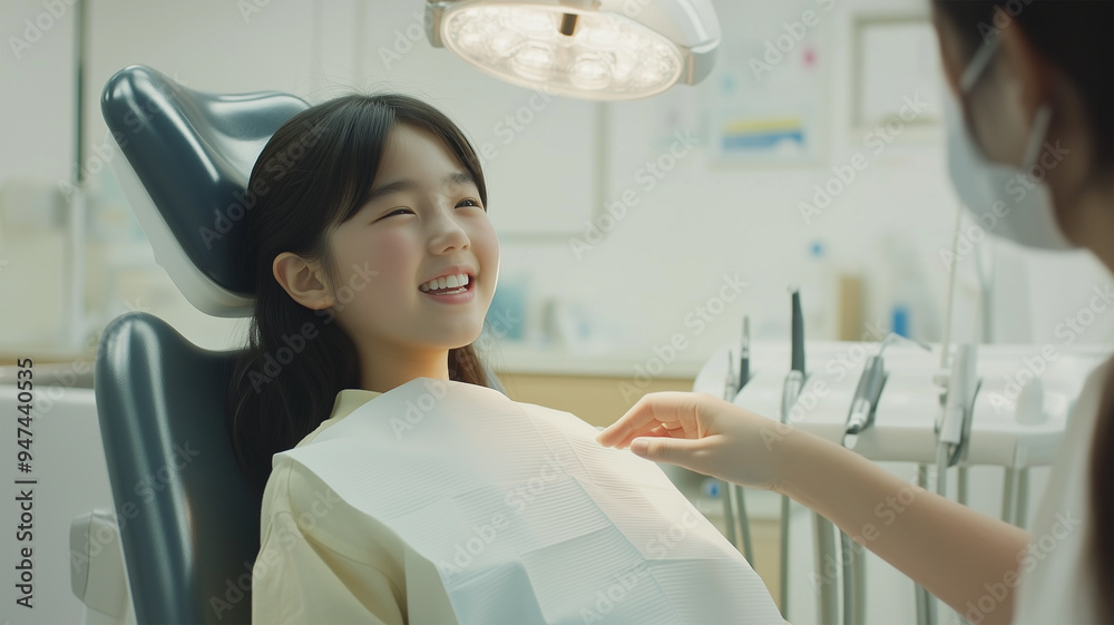 Obraz premium 歯科処置を説明する歯科医と患者