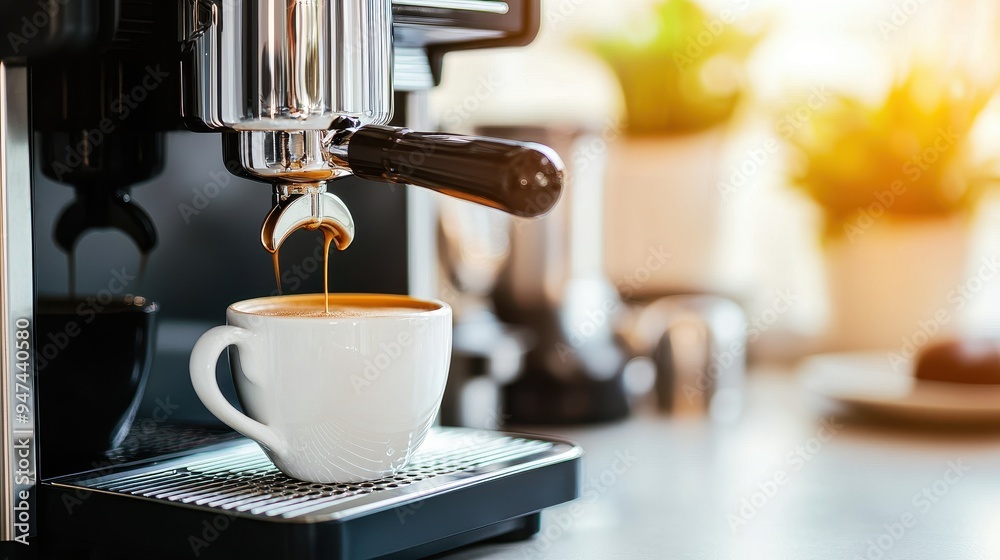 Espresso Machine Pouring Coffee into Cup on Countertop Espresso Machine Pouring Coffee into Cup on Countertop