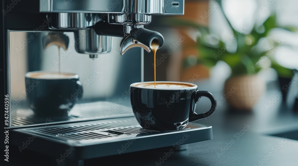 Espresso Machine Pouring Coffee into Cup with Latte Art Espresso Machine Pouring Coffee into Cup with Latte Art