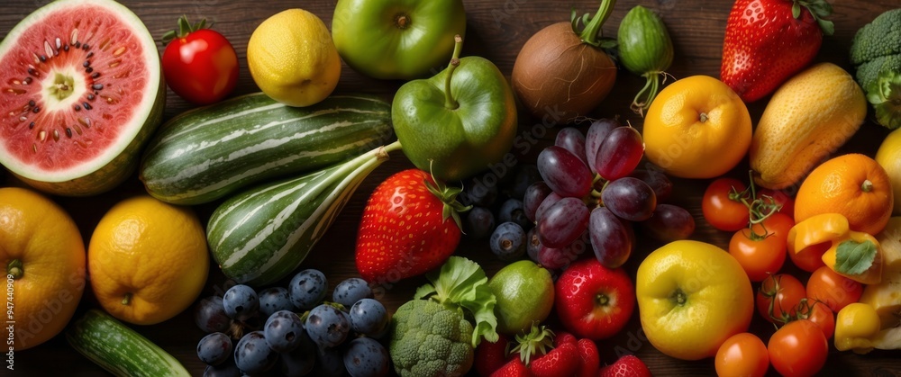 A Variety of Fresh Fruits and Vegetables on a Wooden Surface A Variety of Fresh Fruits and Vegetables on a Wooden Surface