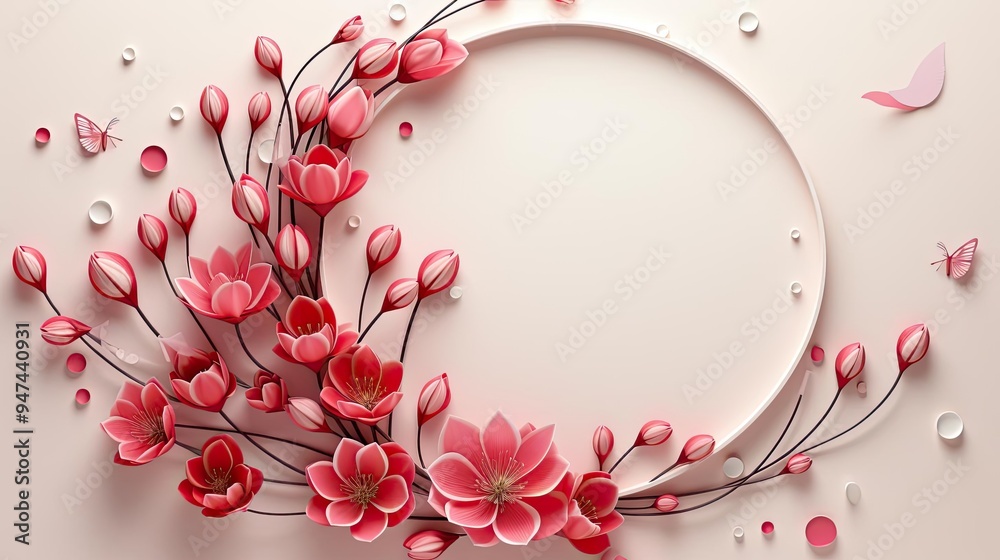 A celebratory image for Chinese New Year, featuring a full moon with pink cherry blossoms, flowers, A celebratory image for Chinese New Year, featuring a full moon with pink cherry blossoms, flowers,