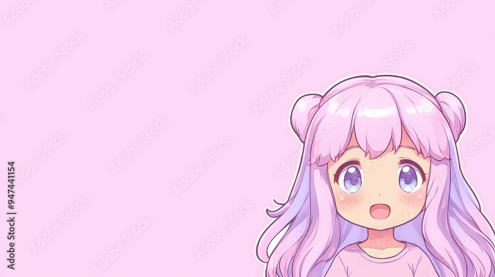 Cute Anime Girl with Pink Hair and Blue Eyes on Pink Background Cute Anime Girl with Pink Hair and Blue Eyes on Pink Background
