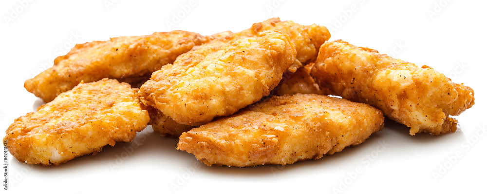 A set of golden, crispy fried chicken nuggets isolated against a clean white background A set of golden, crispy fried chicken nuggets isolated against a clean white background