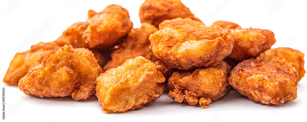 A set of golden, crispy fried chicken nuggets isolated against a clean white background A set of golden, crispy fried chicken nuggets isolated against a clean white background