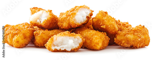 A set of golden, crispy fried chicken nuggets isolated against a clean white background photo