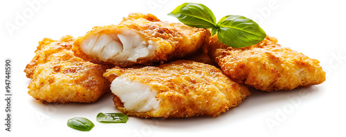 A set of golden, crispy fried chicken nuggets isolated against a clean white background photo