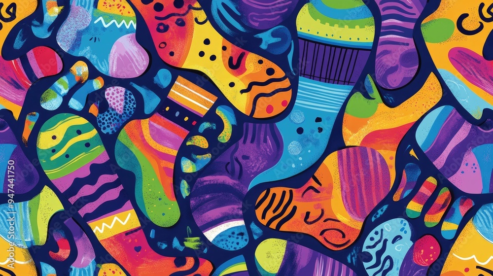 Obraz premium Vibrant and whimsical pattern featuring cartoon style socks in various colors