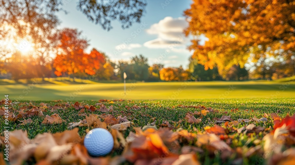 A peaceful golf course in autumn, with colorful leaves framing the green and a golf ball ready to be putted. A peaceful golf course in autumn, with colorful leaves framing the green and a golf ball ready to be putted.
