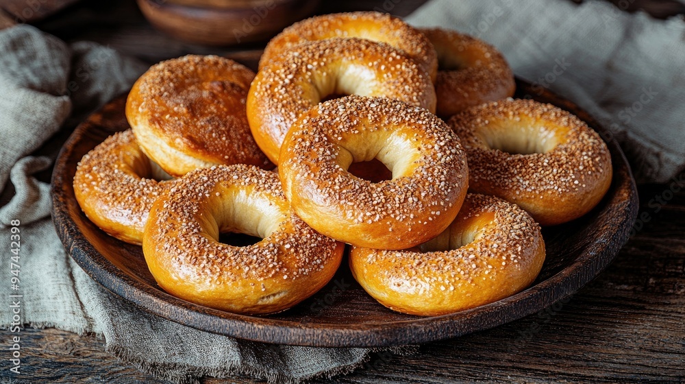 A plate full of freshly baked bagels, golden brown and ready to enjoy, resting on a rustic table. A plate full of freshly baked bagels, golden brown and ready to enjoy, resting on a rustic table.