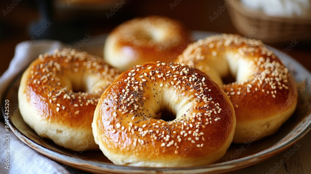A plate of golden bagels, fresh from the oven, with a soft, inviting texture. A plate of golden bagels, fresh from the oven, with a soft, inviting texture.