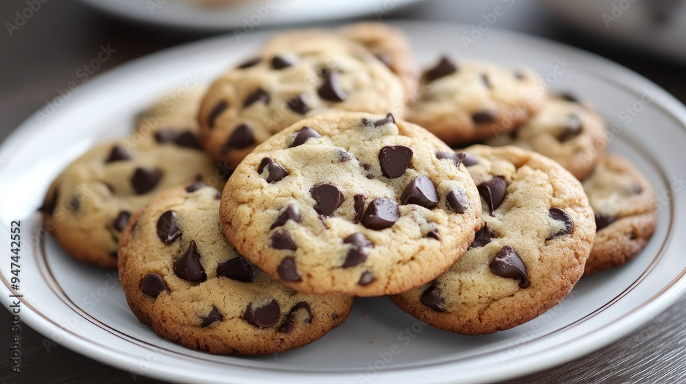 A plate of freshly baked chocolate chip cookies, with gooey chocolate and golden brown edges. A plate of freshly baked chocolate chip cookies, with gooey chocolate and golden brown edges.
