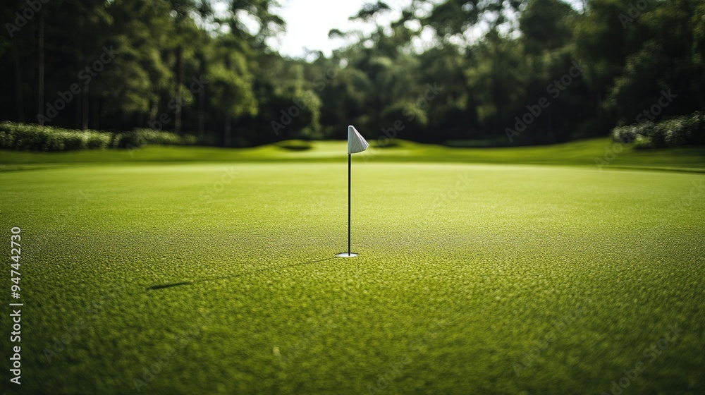 Obraz premium A pristine golf green with a flagstick centered perfectly in the hole, surrounded by lush, trimmed grass.