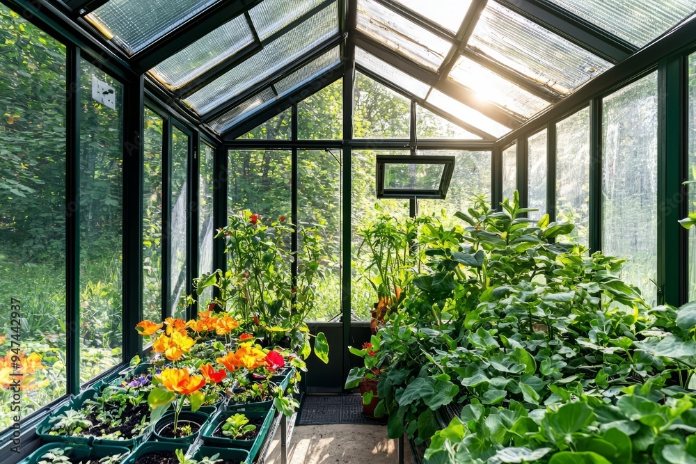 Solar-powered greenhouse with panels on the roof and vibrant plants inside. The greenhouse is fully illuminated by natural, Generative AI Solar-powered greenhouse with panels on the roof and vibrant plants inside. The greenhouse is fully illuminated by natural, Generative AI