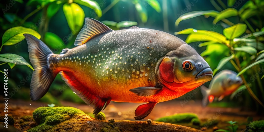 A majestic red-bellied piranha breaks the surface of the Amazonian stream, its iridescent scales shimmering in the dappled light, an invitation to explore its domain of beauty and peril. A majestic red-bellied piranha breaks the surface of the Amazonian stream, its iridescent scales shimmering in the dappled light, an invitation to explore its domain of beauty and peril.