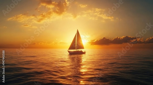 A sailboat silhouette at golden hour, with the sun setting over a peaceful ocean, creating a perfect evening scene.