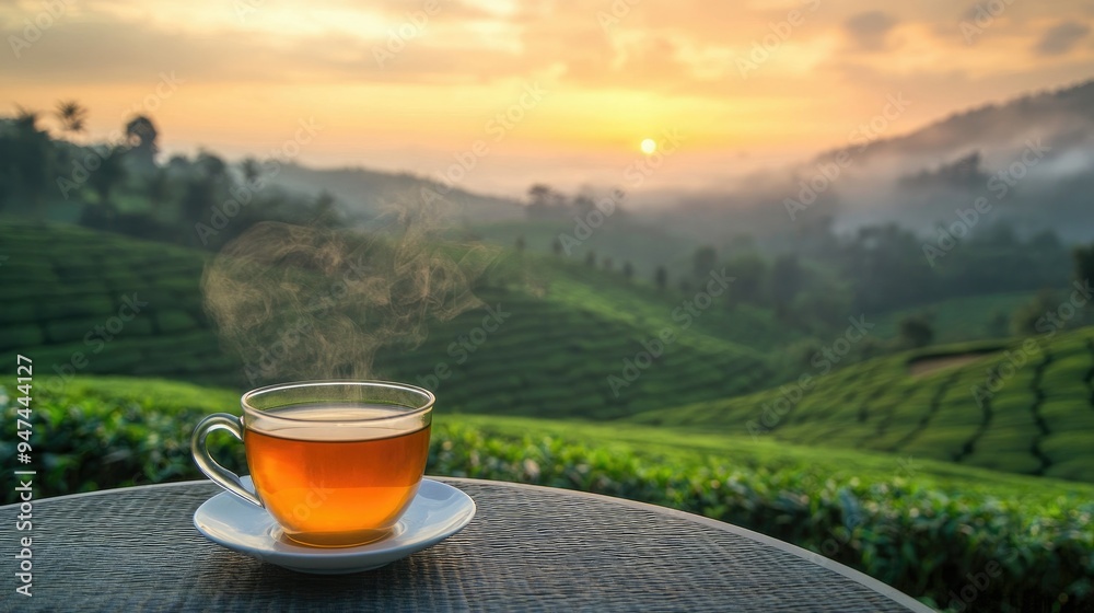 A serene scene with a cup of steaming tea on a table, overlooking a tea plantation at dusk.
