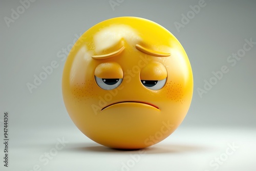 A tired yellow emoji with droopy eyes and a small frown, depicted in realistic 3D style. Full ultra HD,