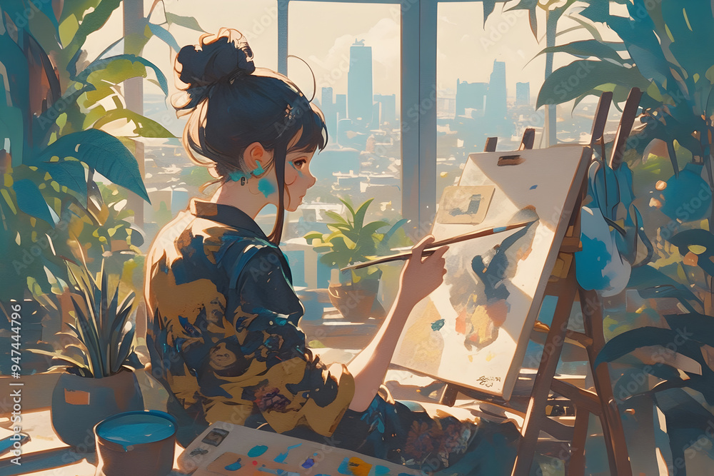 Fototapeta premium Girl Painting on Canvas in a Sunlit Room with Plants and Soft Music. Anime style, Cozy vibes