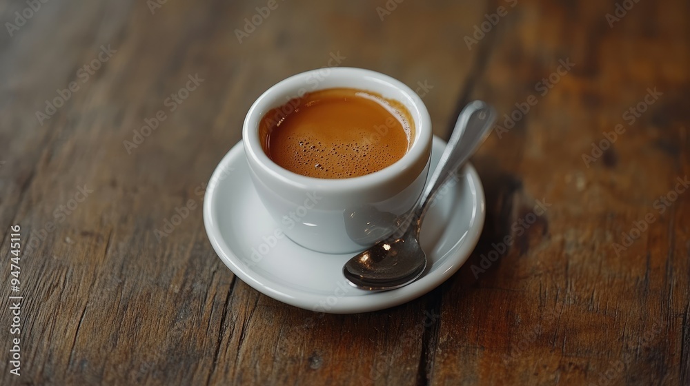 A small cup of freshly brewed espresso, rich and aromatic, served on a saucer with a spoon. A small cup of freshly brewed espresso, rich and aromatic, served on a saucer with a spoon.