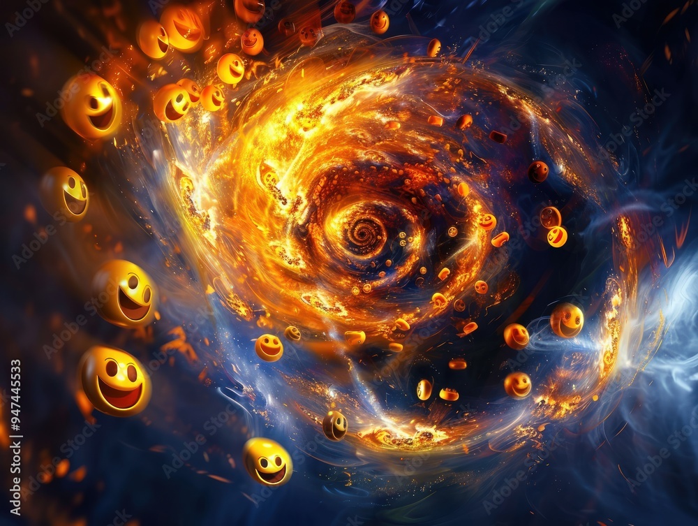 A swirling vortex of emojis on a dark backdrop, capturing motion and energy in a digital realm. A swirling vortex of emojis on a dark backdrop, capturing motion and energy in a digital realm.