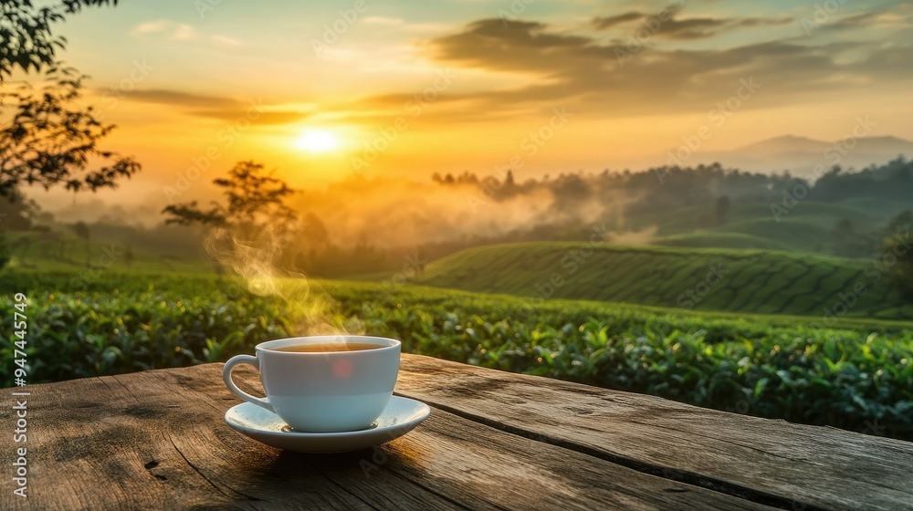 A steaming cup of tea on a rustic wooden table with a breathtaking view of a tea plantation at sunset. A steaming cup of tea on a rustic wooden table with a breathtaking view of a tea plantation at sunset.