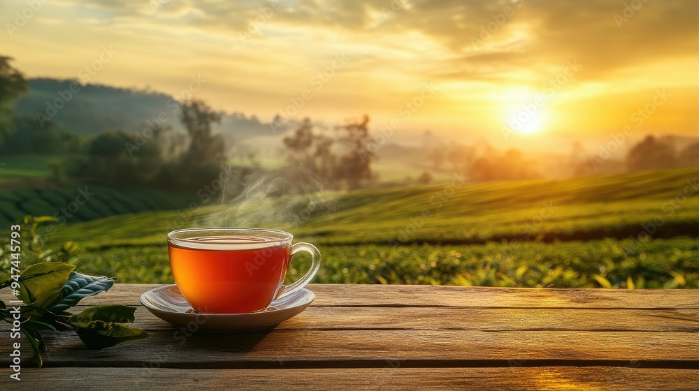 A steaming cup of tea on a rustic wooden table with a breathtaking view of a tea plantation at sunset. A steaming cup of tea on a rustic wooden table with a breathtaking view of a tea plantation at sunset.