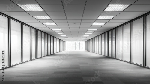 Empty Office Corridor with Glass Walls and Recessed Lighting