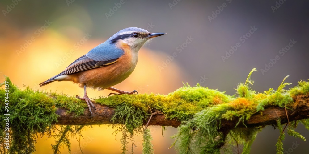 A nuthatch precariously perches on a mossy branch, poised between life and death, its tiny feet hidden by twigs and leaves.