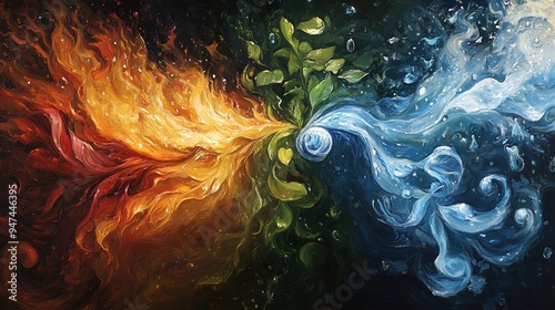 This is a vibrant, abstract painting that depicts the interplay of the four classical elements: fire, water, earth, and air. The left side of the image radiates with intense reds, oranges, and yellows