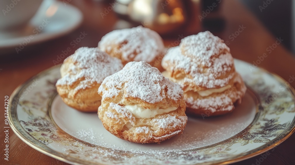 A trio of cream puffs dusted with powdered sugar, sitting on a delicate plate. A trio of cream puffs dusted with powdered sugar, sitting on a delicate plate.
