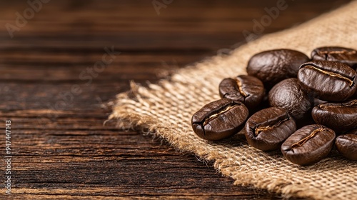 Roasted Coffee Beans on Burlap Fabric Close Up