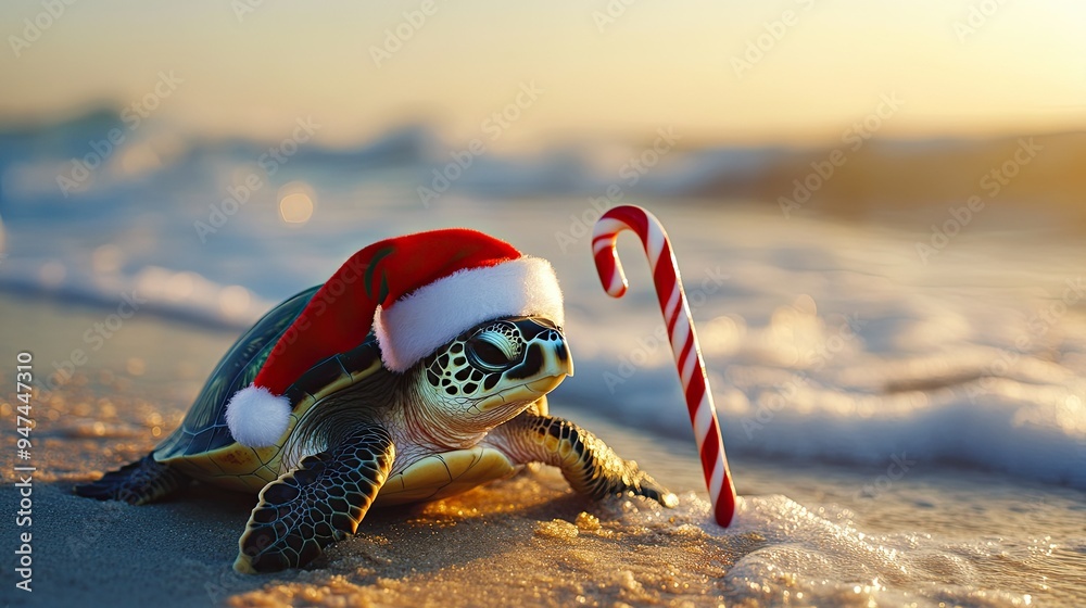 Obraz premium A turtle in a Santa hat, holding a candy cane on a beach, celebrating a coastal Christmas.