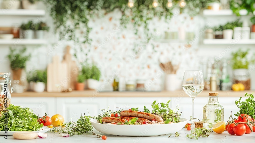 Grilled Sausages with Fresh Herbs and White Wine on a Kitchen Counter Grilled Sausages with Fresh Herbs and White Wine on a Kitchen Counter